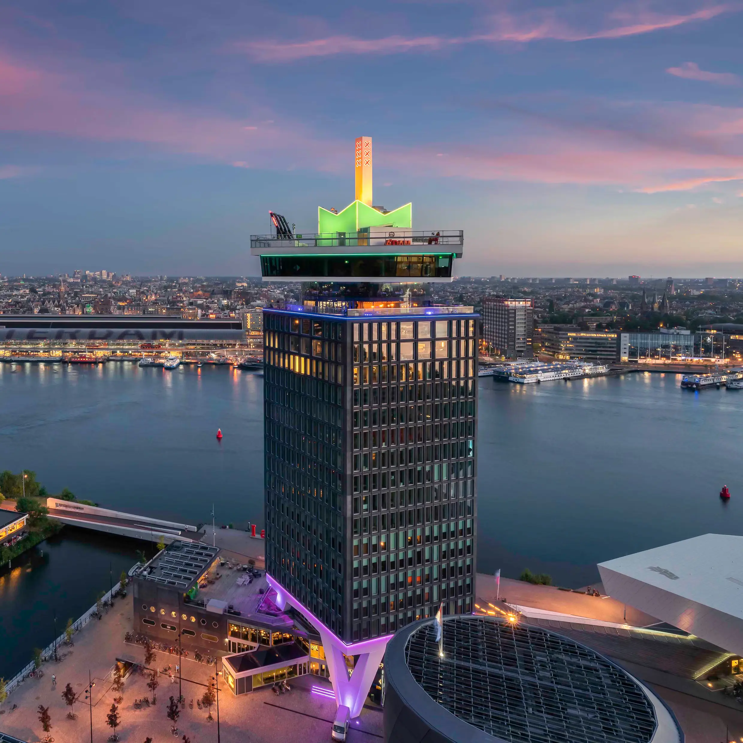A’DAM Toren looking over Amsterdam at dusk